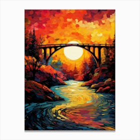 Bridge at Red Sky Sunset, Abstract Vibrant Colorful Painting in Van Gogh Style Canvas Print