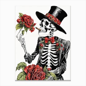 Floral Skeleton With Hat Ink Painting (7) Canvas Print
