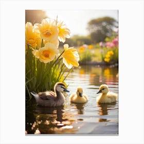 Cute Baby Birds Including A Yellow Duckling And A Fluffy Cygnet From The Anas Platyrhynchos Family Canvas Print