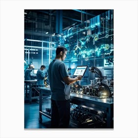 Cyber Industrial Factory With An Ai Manager Overseeing A Network Of Robotic Welding Arms And Automat (1) Canvas Print