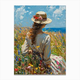 PERFECT - Beautiful Woman on a Summer's Day - Abstract Impressionism Acrylic and Oil on Canvas by British Artist John Arwen Beautiful Colorful Floral Botanical Meadow Gallery Feature Wall Art - Straw Hat Meadow HD Canvas Print