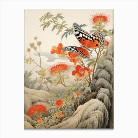 Butterfly With Flowers Japanese Style Painting 2 Canvas Print
