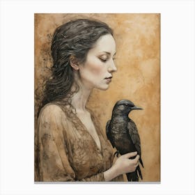 Woman Portrait With A Bird Painting (13) Canvas Print