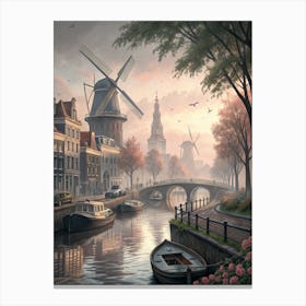 Windmills On A Canal Canvas Print