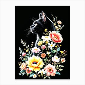 Vintage Graphic Black Cat With Boho Flowers Wildflowers Canvas Print