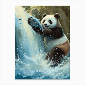 Giant Panda Catching Fish In A Waterfall Storybook Illustration 2 Canvas Print