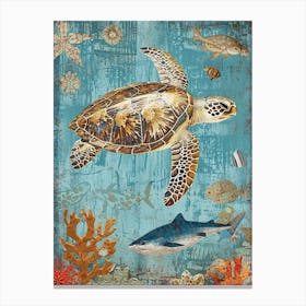 Blue Sea Turtle Exploring The Ocean Collage 5 Canvas Print