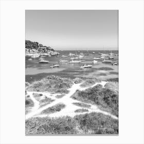 Black And White Photo Of Boats In The Bay Canvas Print