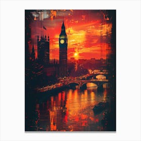 Sunset In London, Cityscape Collage Retro Canvas Print