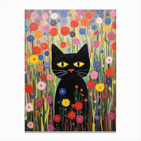 Black Cat In A Flower Field Canvas Print