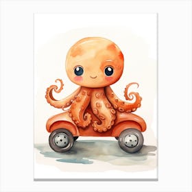 Baby Octopus On A Toy Car, Watercolour Nursery 3 Canvas Print