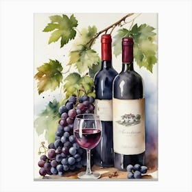 Vines,Black Grapes And Wine Bottles Painting (9) Canvas Print