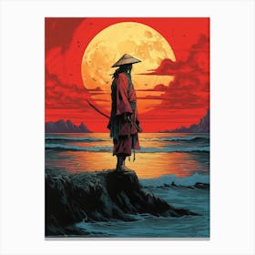 Japanese Red Samurai Warrior Moon Canvas Print