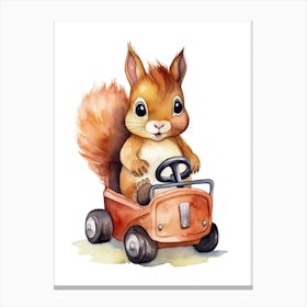 Baby Squirrel On A Toy Car, Watercolour Nursery 1 Canvas Print