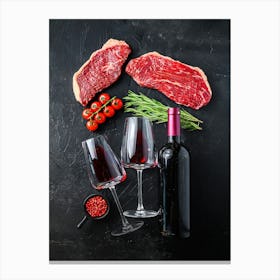 Wine and meat — Food kitchen poster/blackboard, photo art Canvas Print