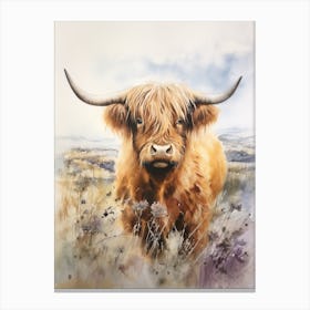 Highland Cow In Grassy Wildflower Field 2 Canvas Print