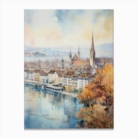 Zurich Switzerland In Autumn Fall, Watercolour 2 Canvas Print