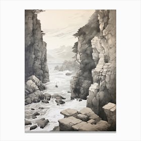Tojinbo Cliffs In Fukui, Ukiyo E Black And White Line Art Drawing 3 Canvas Print