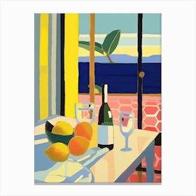 Painting Of A Lemons And Wine, Frenchch Riviera View, Checkered Cloth, Matisse Style 7 Canvas Print