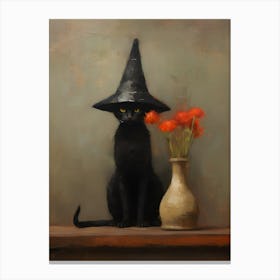 Black Cat In Witch Hat Canvas Print