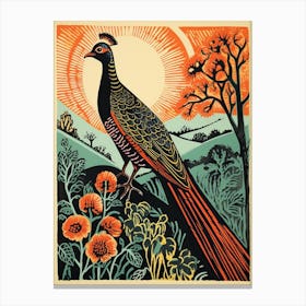 Vintage Bird Linocut Pheasant 1 Canvas Print
