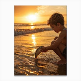 Boy Playing With A Fish At Sunset Canvas Print