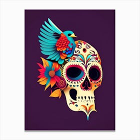 Skull With Bird Motifs Colourful Mexican Canvas Print