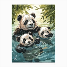 Giant Panda Family Swimming In A River Storybook Illustration 4 Canvas Print