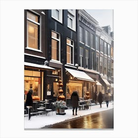 Amsterdam cafes, winter season, Christmas, autumn oil colors, pale colors, pedestrians in the street, winter clothes, falling snow.6 2 Canvas Print