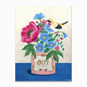 Yellow Bird And Flowers In Pot Canvas Print
