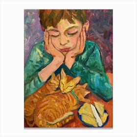 Portrait Of A Boy With Orange Cats Having Dinner Canvas Print