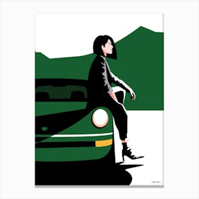 Woman sitting on a Classic Porsche 911 - forest green - vintage retro Canvas Print