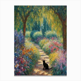 Black Cat in Monet's Garden Giverny - Willow Trees Botanical Matisse Klimt Claude Monet Art Dappled Sunlight Print for Feature Wall Decor in HD Canvas Print