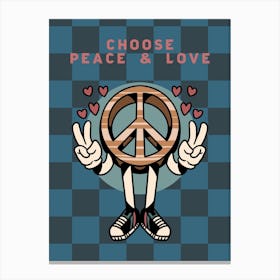 Checkerboard Art Print - "Choose Peace and Love" - Skater Kids for World Peace - Vintage Retro Style Rad Cartoon Character Artwork Canvas Print