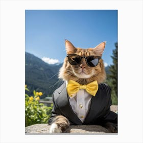 Cat Outfitted In Sharp Business Attire With A Fashionable Yellow Bow Tie Resting Sunglasses Atop It (2) Canvas Print