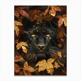 Black Leopard In Autumn Leaves Canvas Print