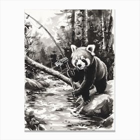 Red Panda Fishing In A Stream Ink Illustration 1 Canvas Print