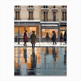 Paris cafes, winter season, Christmas, autumn oil colors, pale colors, pedestrians in the street, winter clothes, falling snow.Christmas decorations.1 2 Canvas Print