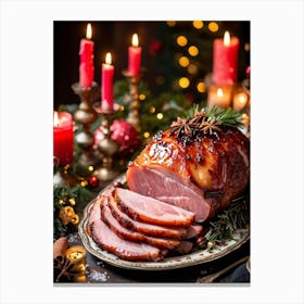 An Entregouted View Of A Glazed Spiced Pork Ham Festooned With A Crown Of Cloves Set On A Lavish C (4) Canvas Print