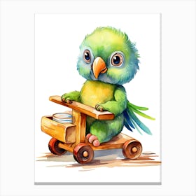 Baby Parrot On A Toy Car, Watercolour Nursery 2 Canvas Print