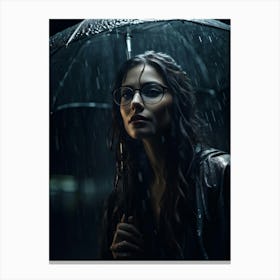 Woman With Glasses Her Countenance Bathed In Sheets Of Rain That Dapple Her Features Night Serving Canvas Print