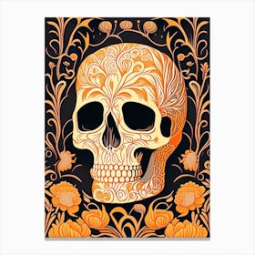 Skull With Floral Patterns 2 Orange Line Drawing Canvas Print