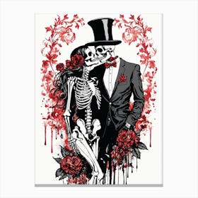 Floral Abstract Kissing Skeleton Lovers Ink Painting (15) Canvas Print
