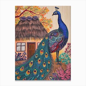 Peacock Outside A Thatched Cottage Illustration 3 Canvas Print