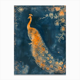 Orange & Navy Blue Floral Cyanotype Inspired Peacock 4 Canvas Print