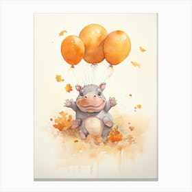 Hippopotamus Flying With Autumn Fall Pumpkins And Balloons Watercolour Nursery 2 Canvas Print