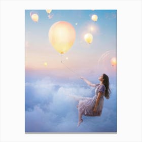 Girl Floating Effortlessly Among Ballooning Wispy Clouds Face Bathed In A Soft Glow Emanating From Canvas Print