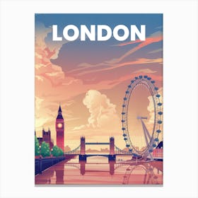 Anime Canvas Art: Iconic London Skyline with Big Ben, Tower Bridge, and the London Eye at Sunset, Perfect for Lofi Aesthetic and Urban Art Lovers. Canvas Print