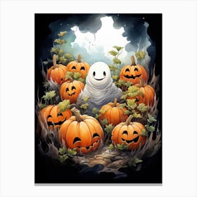 Cute Bedsheet Ghost, Botanical Halloween Watercolour 15 Canvas Print