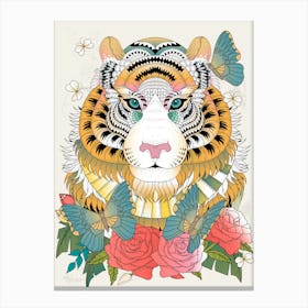 Imposing Tiger With Floral Element Canvas Print